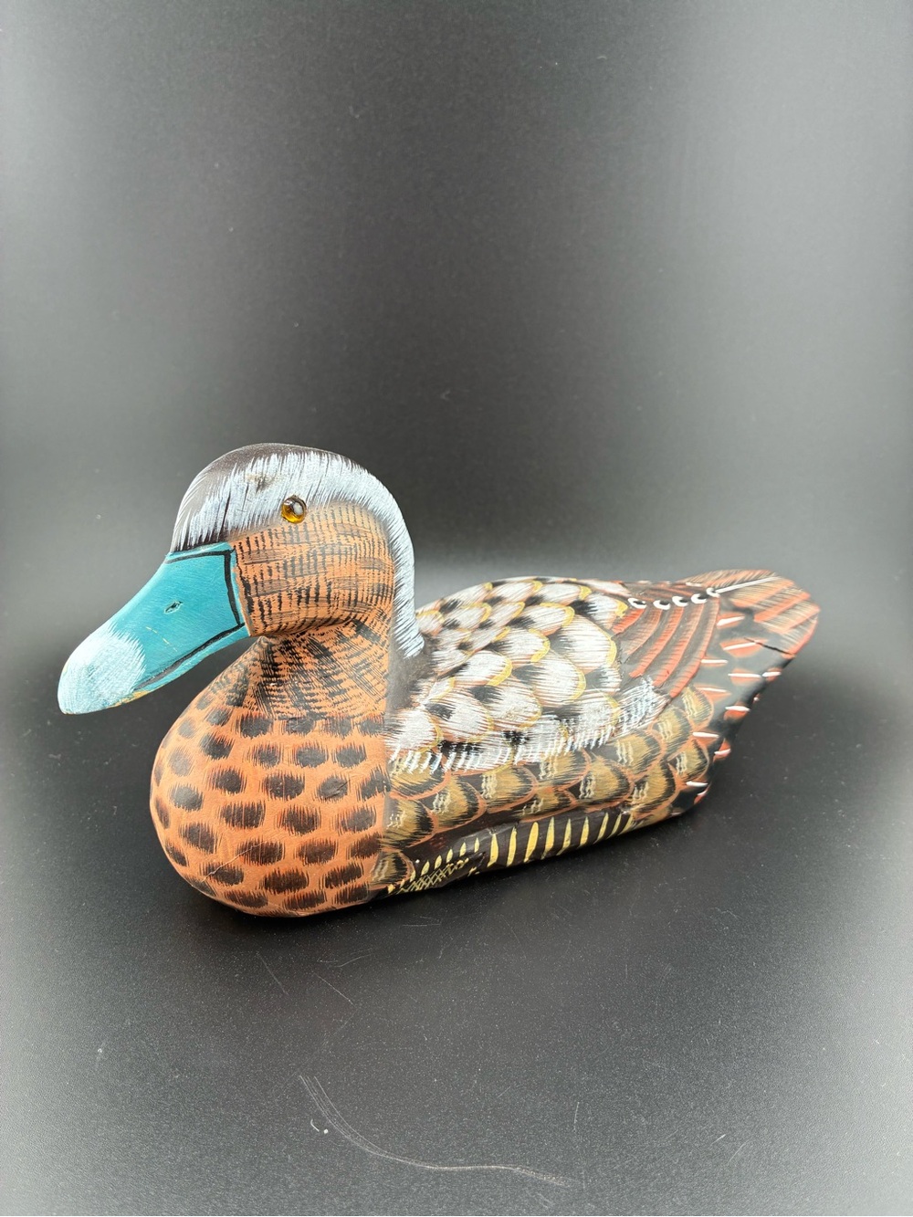 Hand-Painted wood Decorative Duck Figurine in Teal and Brown